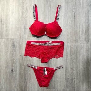 Victoria's Secret Red Crystal Strap Lace Bra, Boyshort & Thong Set